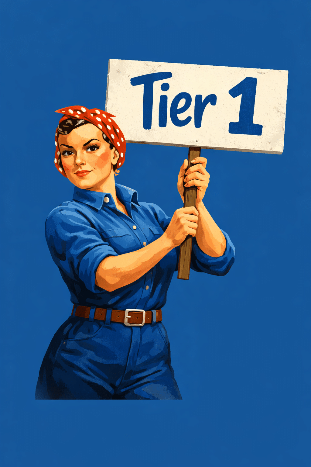 Rosie holding a sign that says Tier 1, symbolizing "The Launched" template package.