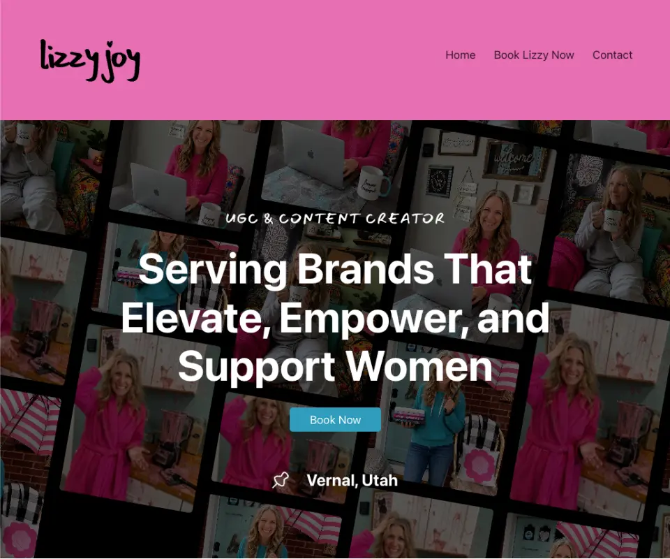 Portfolio website portfolio image for a woman's UGC website with text and several images of her videos