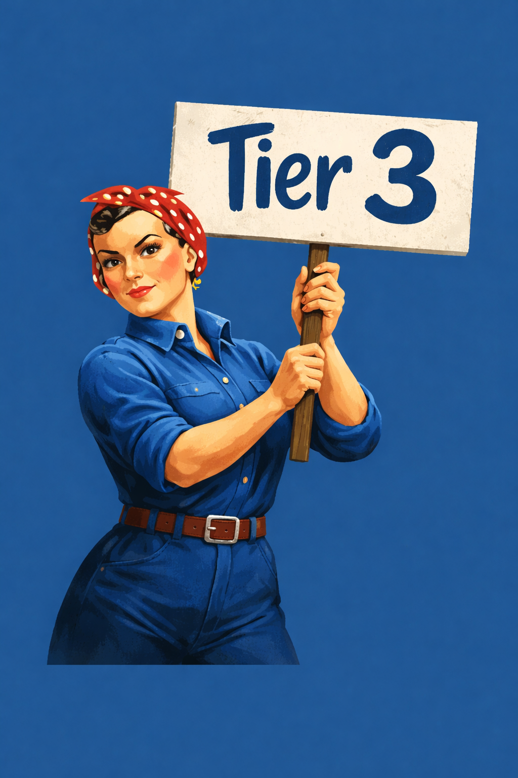rosie the riveter with 'tier 3' sign for MSWS templates