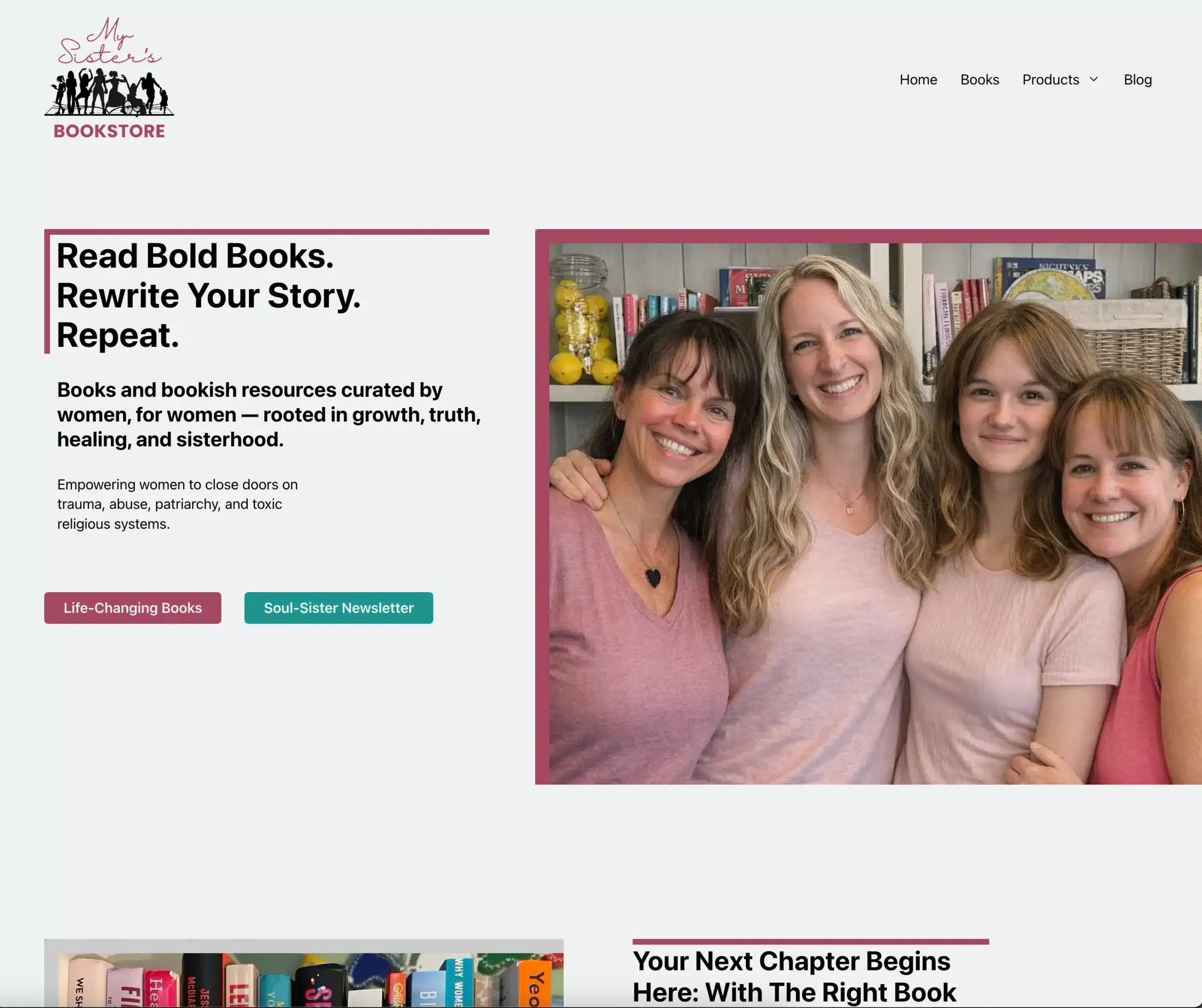 Portfolio Homepage image of My Sisters Bookstore website, which can be seen at mysistersbookstore.com